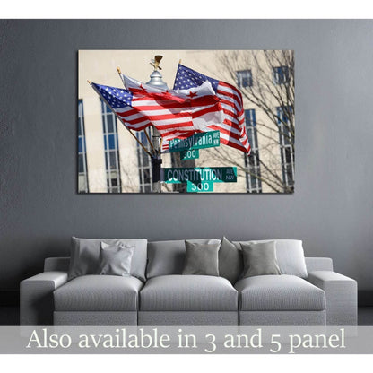 Washington DC, Pennsylvania Avenue and Constitution Avenue junction street signs with DC and United States of America flags on the same post №2271 Ready to Hang Canvas PrintCanvas art arrives ready to hang, with hanging accessories included and no additio