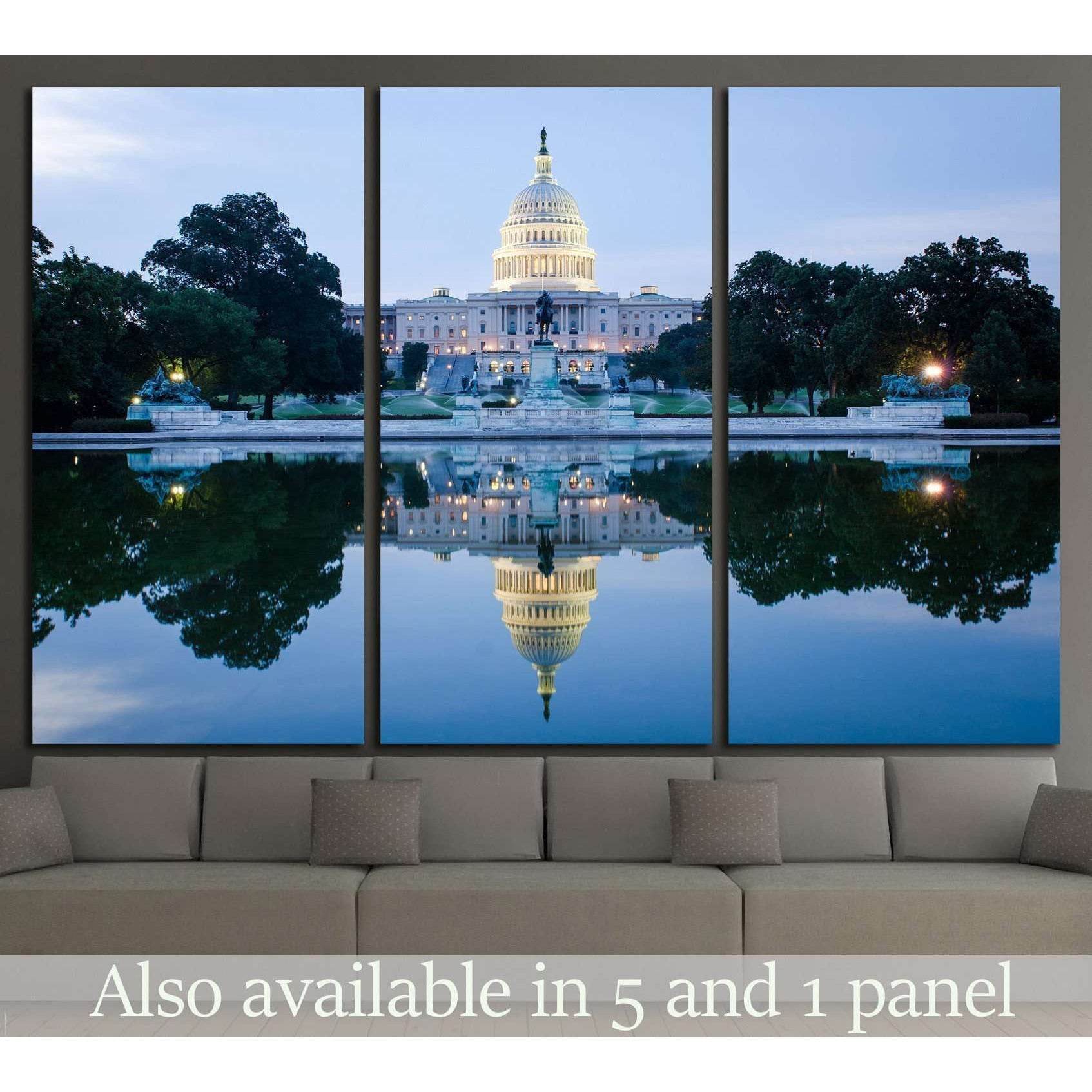 US Capitol triptych canvas print with blue dusk reflection above a sofa in a modern living room