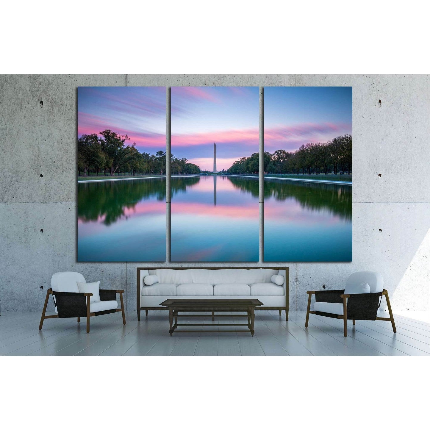 Washington Monument and Lincoln Memorial at Sunset Inspirational Office ArtThis canvas print captures a serene sunrise or sunset over the Reflecting Pool with a view towards the Washington Monument in Washington, D.C. The tranquil waters mirror the vibran