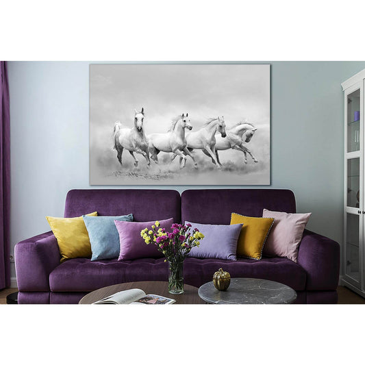 White Horses Running Wild №SL888 Ready to Hang Canvas Print - Zellart Canvas Prints 0new, ALL_Products, Black & White Wall Art, Horses