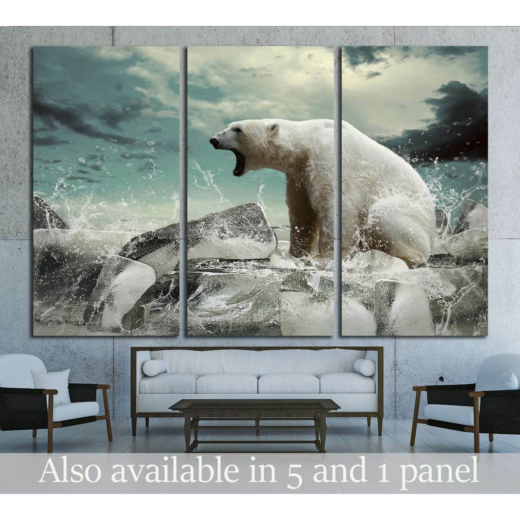 White Polar Bear Hunter on the Ice in water drops №1843 Ready to Hang Canvas Print - Zellart Canvas Prints ALL_Products, s-1843