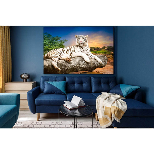 White Tiger Resting On The Stone №SL1047 Ready to Hang Canvas Print - Zellart Canvas Prints 0new, ALL_Products, Animals & Wildlife, Tiger