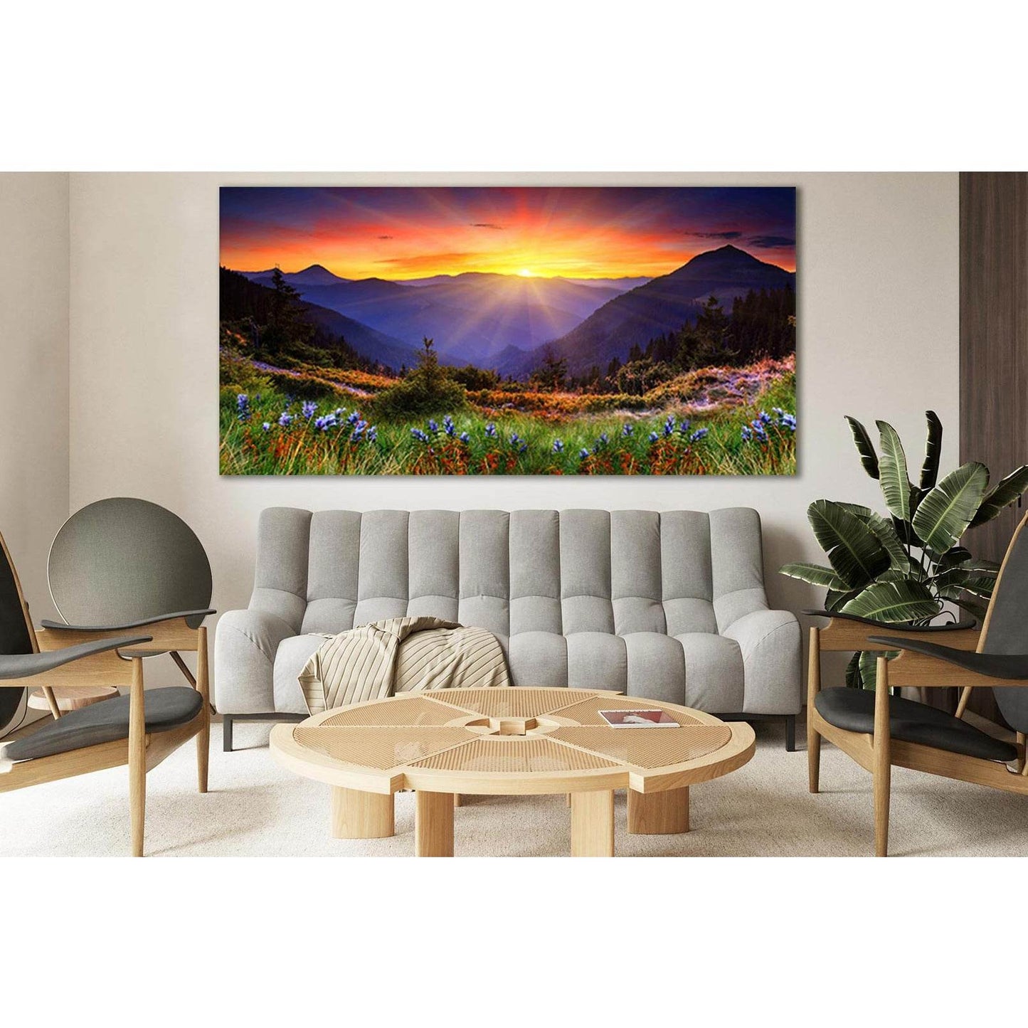 Wild Flowers Mountains Sunset №SL686 Ready to Hang Canvas Print - Zellart Canvas Prints 0new, ALL_Products, Floral & Botanical Wall Art
