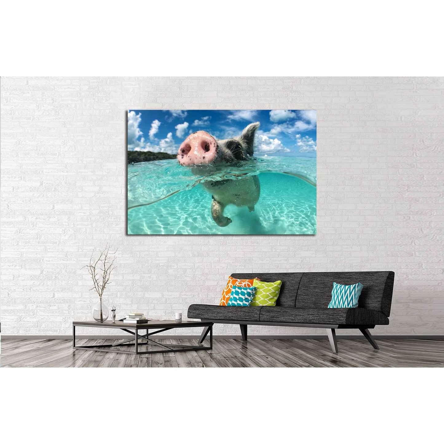 Wild, swimming pig on Big Majors Cay in The Bahamas №2382 Ready to Hang Canvas PrintCanvas art arrives ready to hang, with hanging accessories included and no additional framing required. Every canvas print is hand-crafted, made on-demand at our workshop