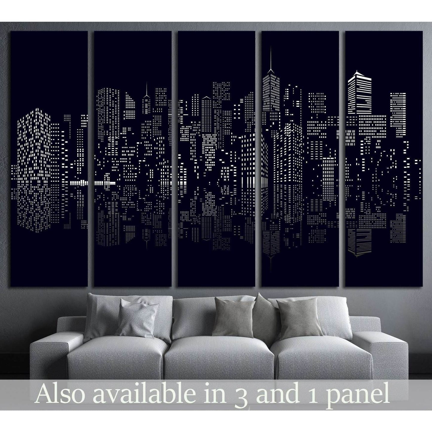 Black and white abstract city skyline canvas print hung above a gray sofa in a modern living room