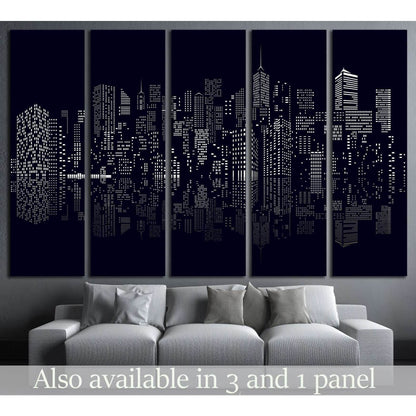 Black and white abstract city skyline canvas print hung above a gray sofa in a modern living room