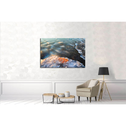 Winter icy stream and yellow leaf on the ice. Beautiful Christmas card №3210 Ready to Hang Canvas PrintCanvas art arrives ready to hang, with hanging accessories included and no additional framing required. Every canvas print is hand-crafted, made on-dema