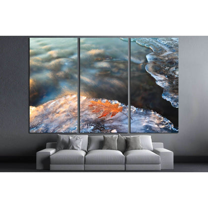 Winter icy stream and yellow leaf on the ice. Beautiful Christmas card №3210 Ready to Hang Canvas Print - Zellart Canvas Prints ALL_Products, s-3210