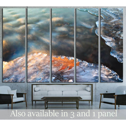 Winter icy stream and yellow leaf on the ice. Beautiful Christmas card №3210 Ready to Hang Canvas Print - Zellart Canvas Prints ALL_Products, s-3210