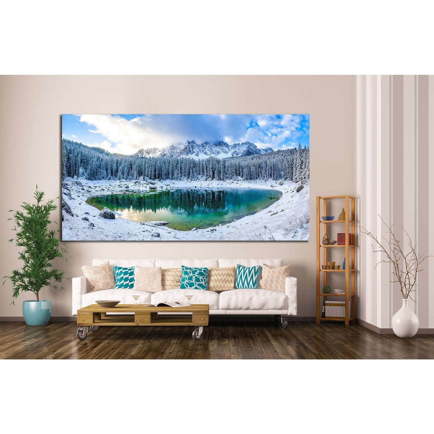 Snowy Mountain and Green Lake Multi-Panel Canvas for Modern DecorThis multi-panel canvas print presents a breathtaking snowy mountain landscape with a crystal-clear lake. The stark white snow contrasts with the vibrant green of the lake, bringing a touch