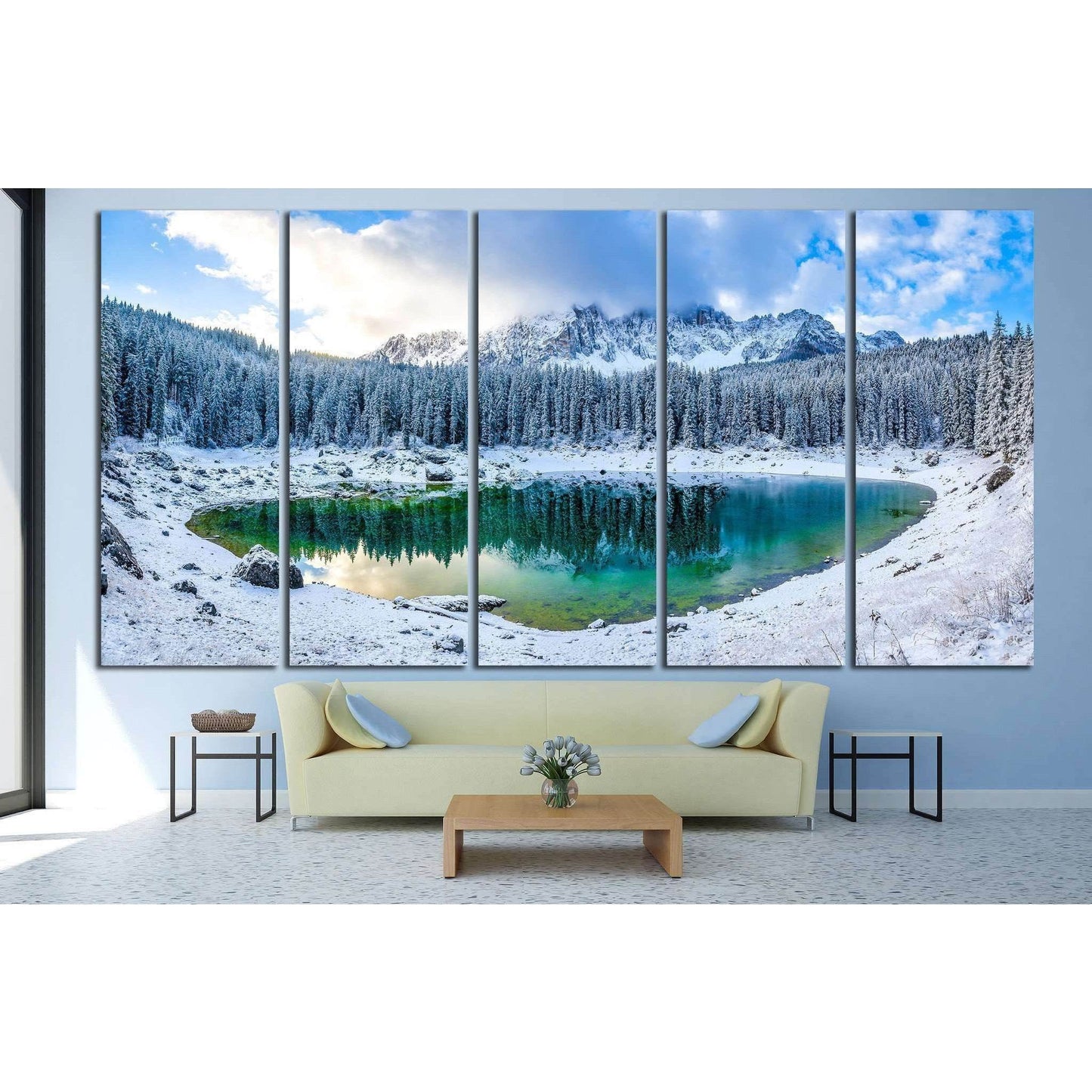 Snowy Mountain and Green Lake Multi-Panel Canvas for Modern DecorThis multi-panel canvas print presents a breathtaking snowy mountain landscape with a crystal-clear lake. The stark white snow contrasts with the vibrant green of the lake, bringing a touch