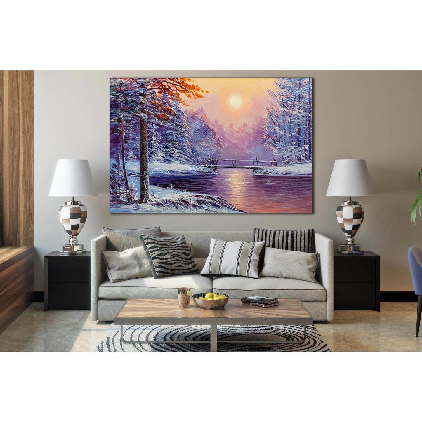 Winter River And Bridge Oil Painting №SL615 Ready to Hang Canvas Print - Zellart Canvas Prints 0new, ALL_Products, Oil Painting Wall Art
