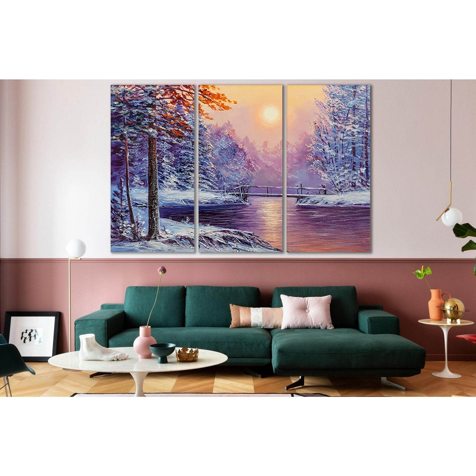 Winter River And Bridge Oil Painting №SL615 Ready to Hang Canvas Print - Zellart Canvas Prints 0new, ALL_Products, Oil Painting Wall Art