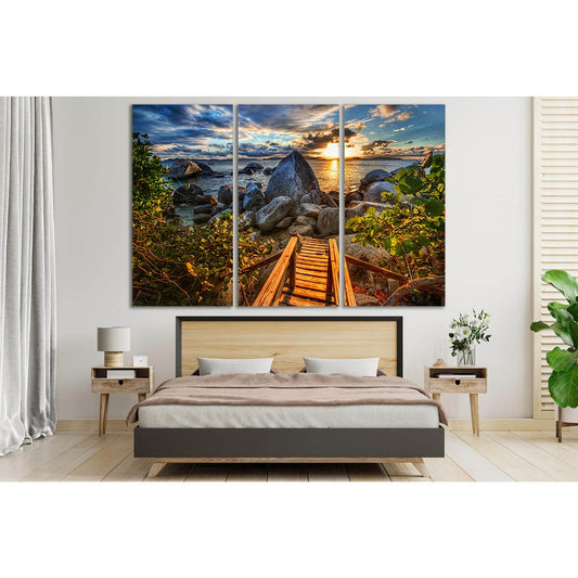 Wooden Staircase Sea Sunset №SL256 Ready to Hang Canvas Print - Zellart Canvas Prints 0new, ALL_Products, SUNRISE & SUNSET WALL ART