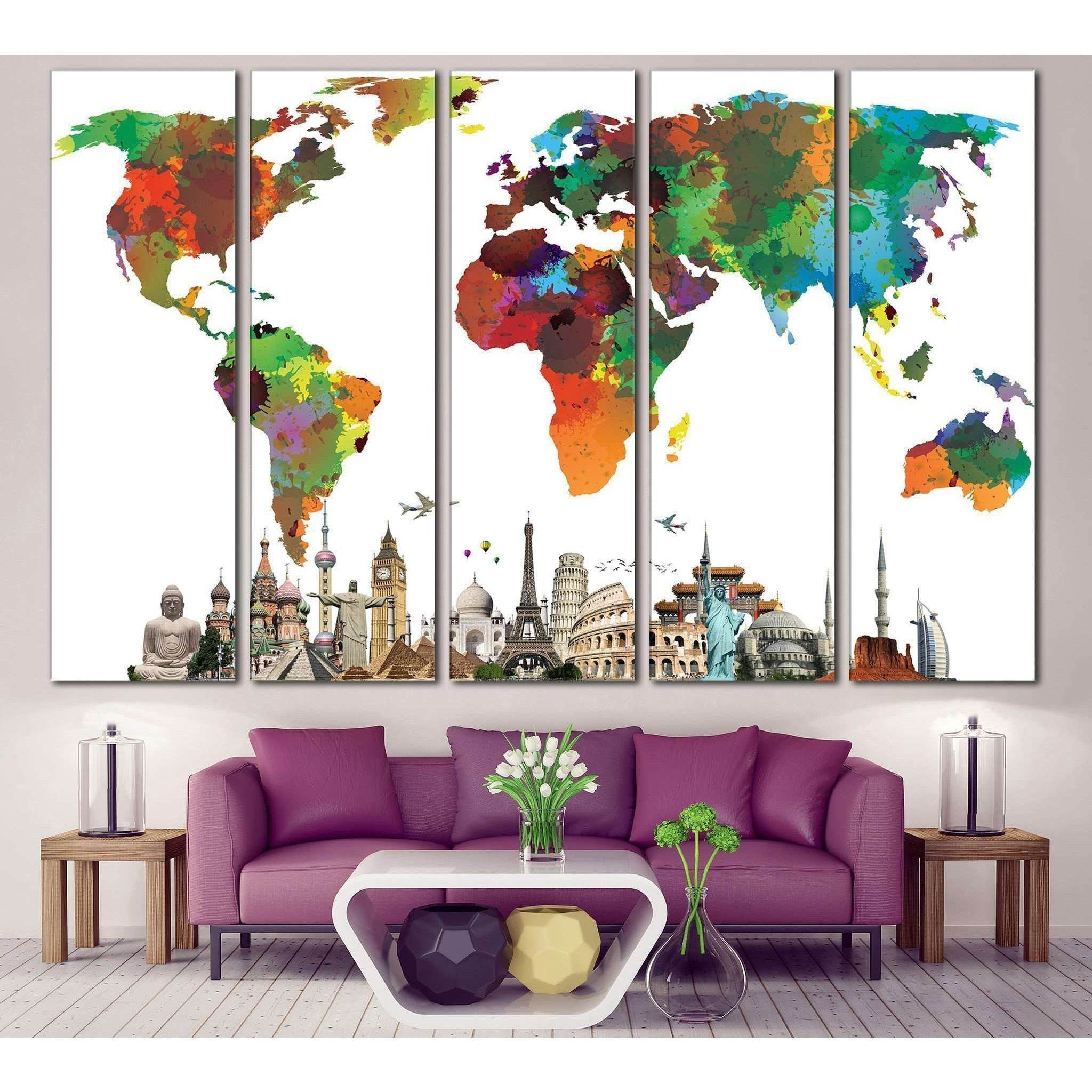 Watercolor World Map Canvas Print with Landmark Collage - Zellart