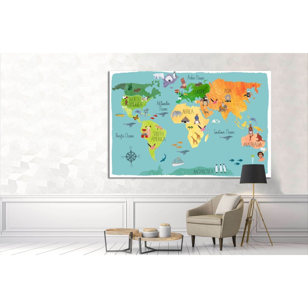 Kids World Map Canvas Print, Colorful Nursery Art - Zellart