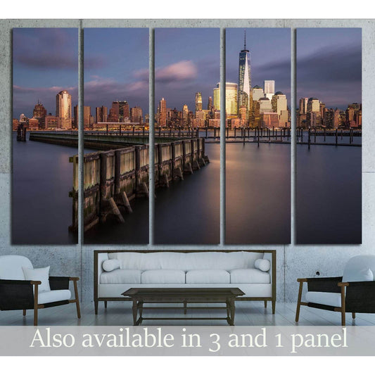 World Trade Center skyline canvas print above sofa, viewed from Newport Jersey City at dusk