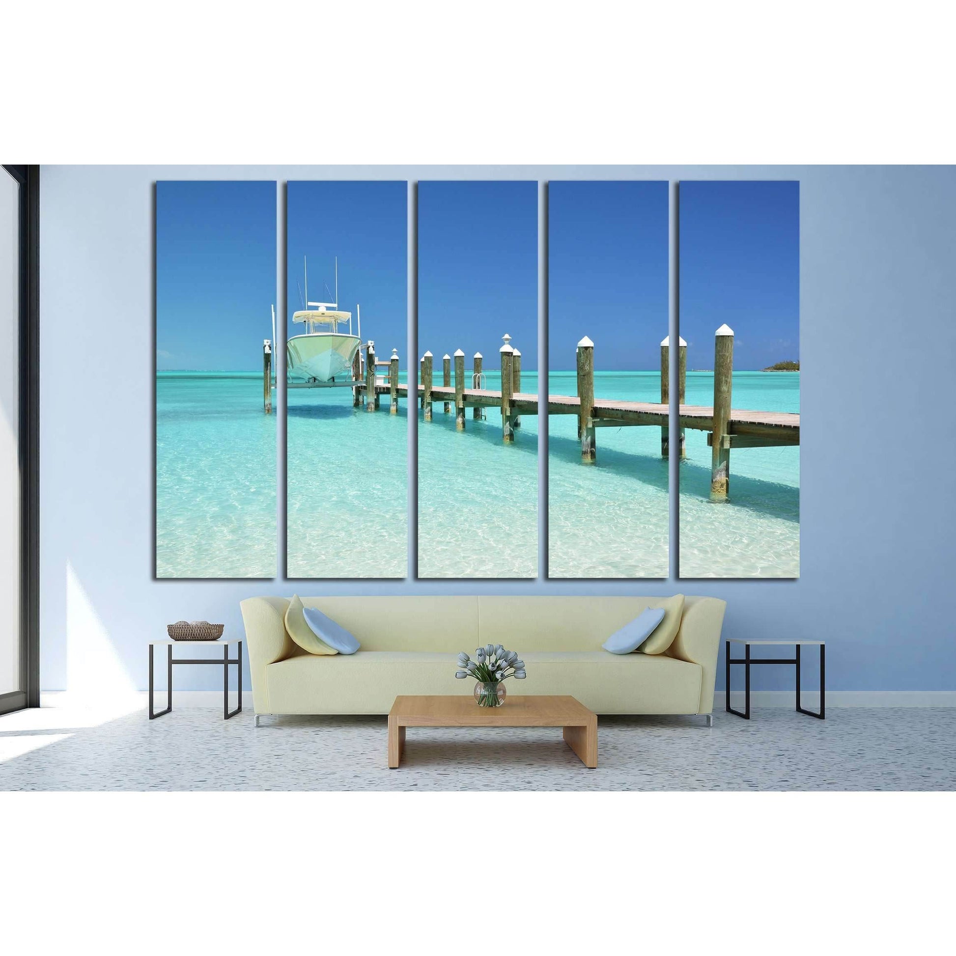 Yacht at the wooden jetty. Exuma, Bahamas №2683 Ready to Hang Canvas Print - Zellart Canvas Prints ALL_Products, s-2683