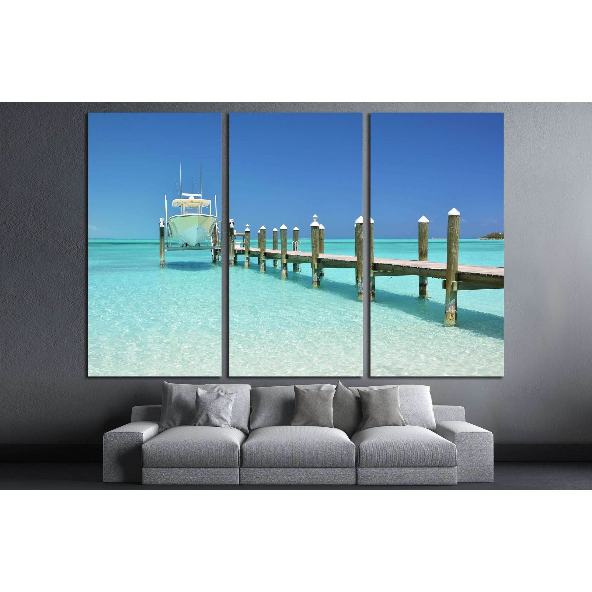 Yacht at the wooden jetty. Exuma, Bahamas №2683 Ready to Hang Canvas Print - Zellart Canvas Prints ALL_Products, s-2683