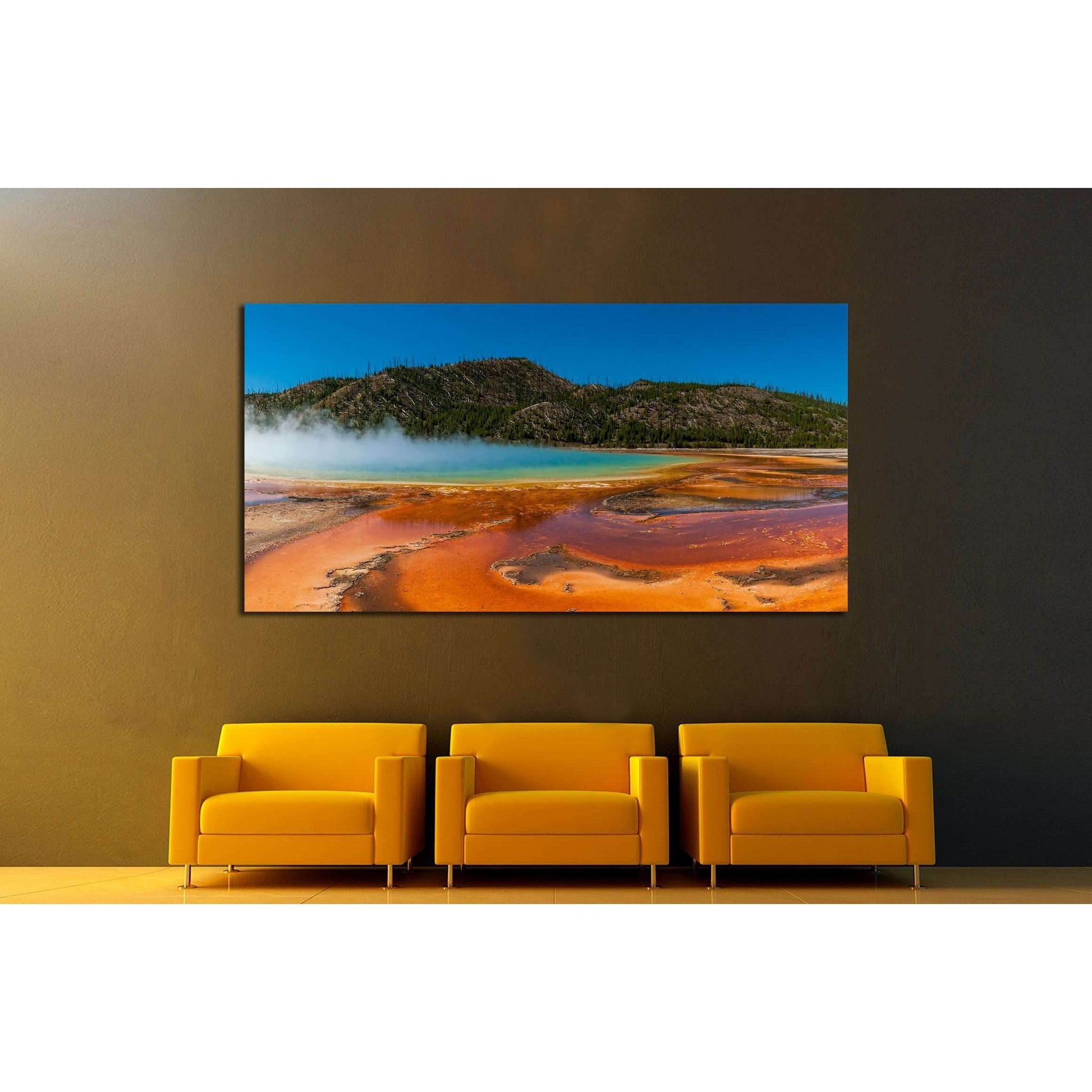 Grand Prismatic Spring Canvas Print for Nature-Inspired DecorThis canvas print features the iconic Grand Prismatic Spring in Yellowstone National Park, known for its striking color gradient and steamy, ethereal quality. The vivid oranges and blues against
