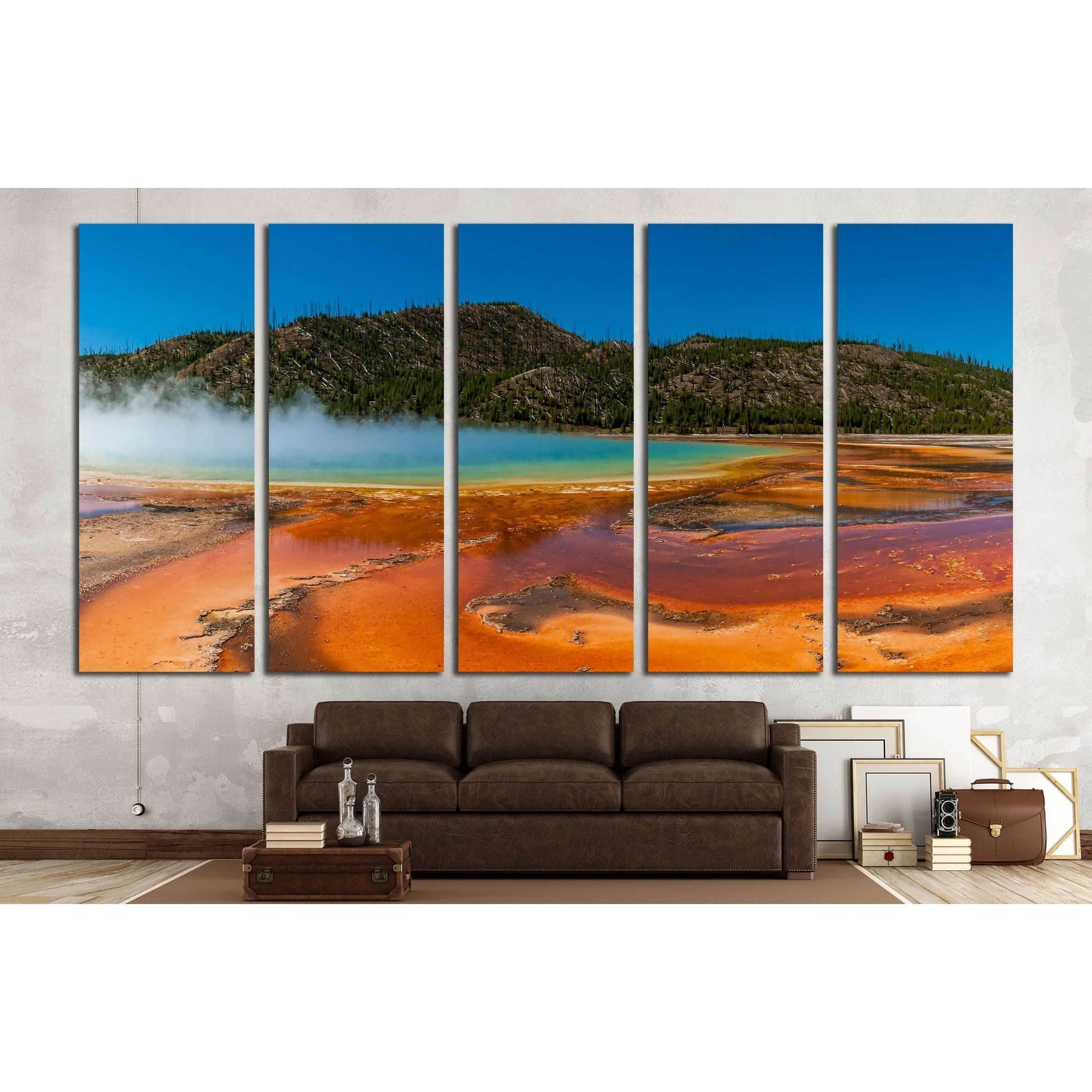 Grand Prismatic Spring Canvas Print for Nature-Inspired DecorThis canvas print features the iconic Grand Prismatic Spring in Yellowstone National Park, known for its striking color gradient and steamy, ethereal quality. The vivid oranges and blues against